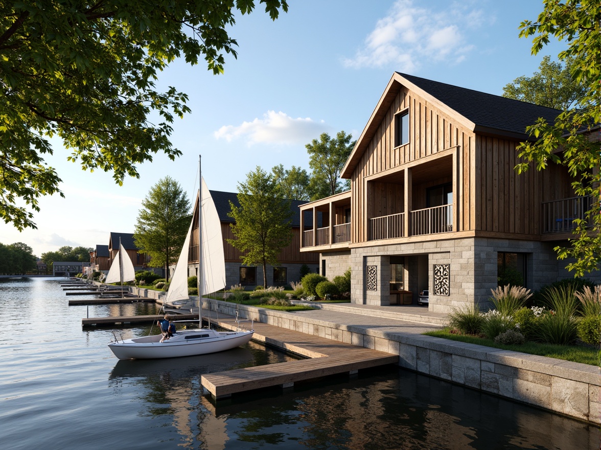 Prompt: Waterfront location, serene lake views, wooden dock, sailboats, classic boathouse architecture, rustic wooden facades, ornate metal decorations, vintage nautical elements, distressed wood textures, earthy color palette, natural stone foundations, lush greenery, overhanging trees, warm sunny day, soft diffused lighting, shallow depth of field, 1/2 composition, realistic reflections, ambient occlusion.