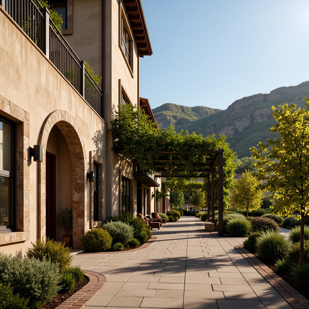 Prompt: Rustic winery facade, Mediterranean-inspired architecture, earthy tones, stone walls, wooden accents, curved lines, ornate metalwork, vine-covered trellises, lush greenery, rolling hills, sunny afternoon, warm golden lighting, shallow depth of field, 2/3 composition, symmetrical balance, realistic textures, ambient occlusion.