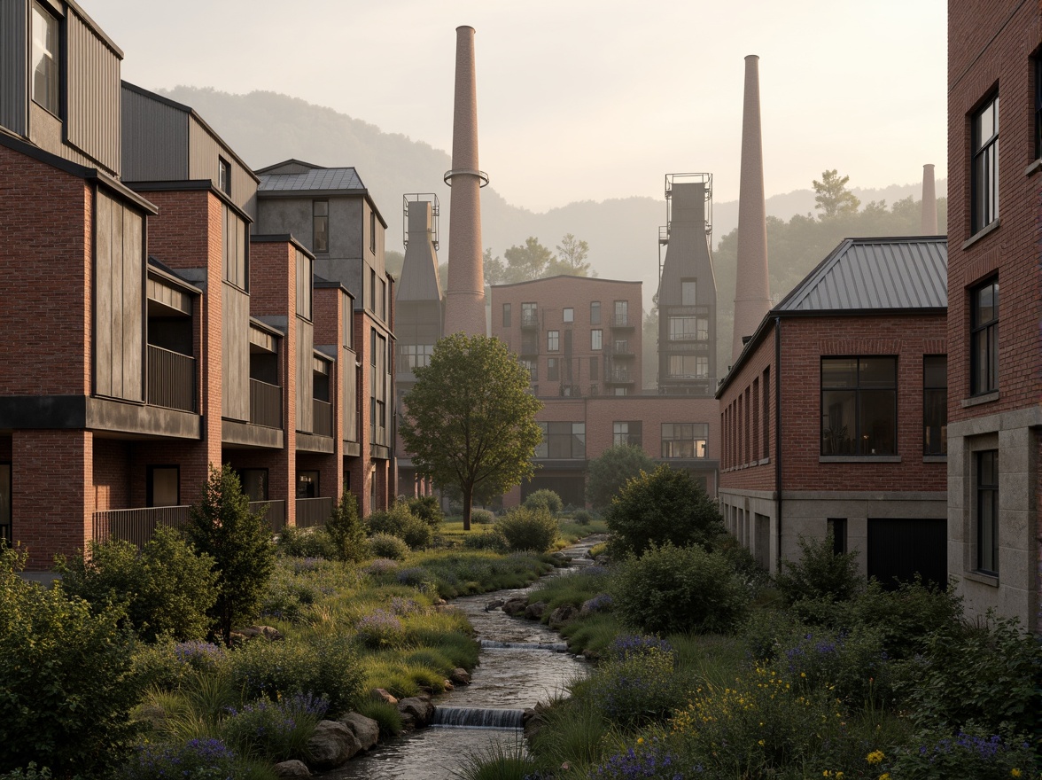 Prompt: Industrial factory complex, rustic brick buildings, corrugated metal roofs, worn concrete walls, vintage machinery, abandoned chimneys, overgrown vegetation, wildflowers, meandering streams, misty atmosphere, soft warm lighting, shallow depth of field, 3/4 composition, panoramic view, realistic textures, ambient occlusion, regionalist architectural style, functional simplicity, earthy color palette, distressed finishes, reclaimed wood accents, metal cladding, industrial heritage, nostalgic ambiance.