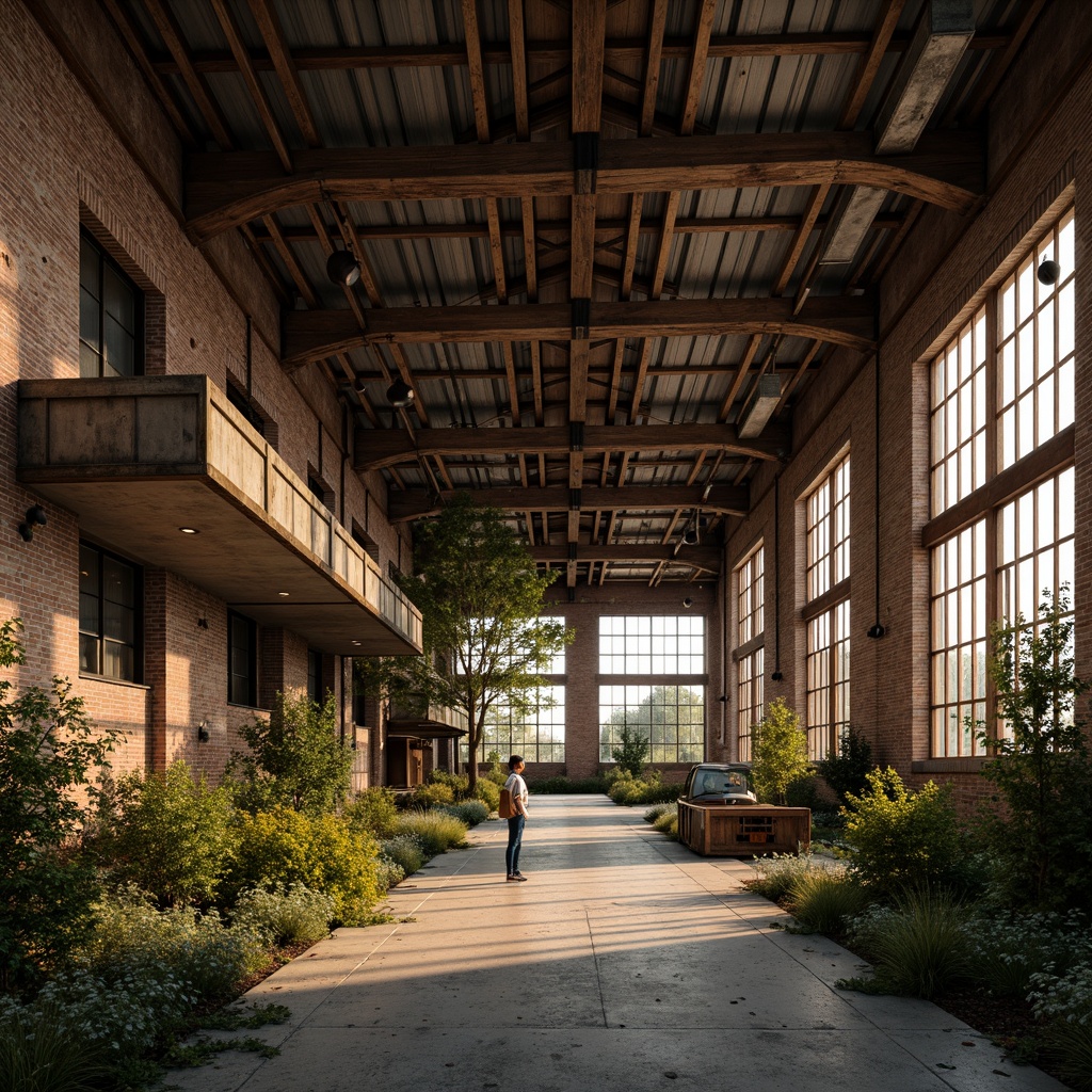 Prompt: Rustic industrial landscape, abandoned factories, distressed brick walls, corrugated metal roofs, worn wooden beams, vintage machinery, urban decay, overgrown vegetation, gritty urban atmosphere, warm golden lighting, shallow depth of field, 1/2 composition, cinematic view, realistic textures, ambient occlusion, nostalgic mood, retro-futuristic elements, exposed ductwork, concrete floors, steel columns, reclaimed wood accents, industrial chic aesthetic.