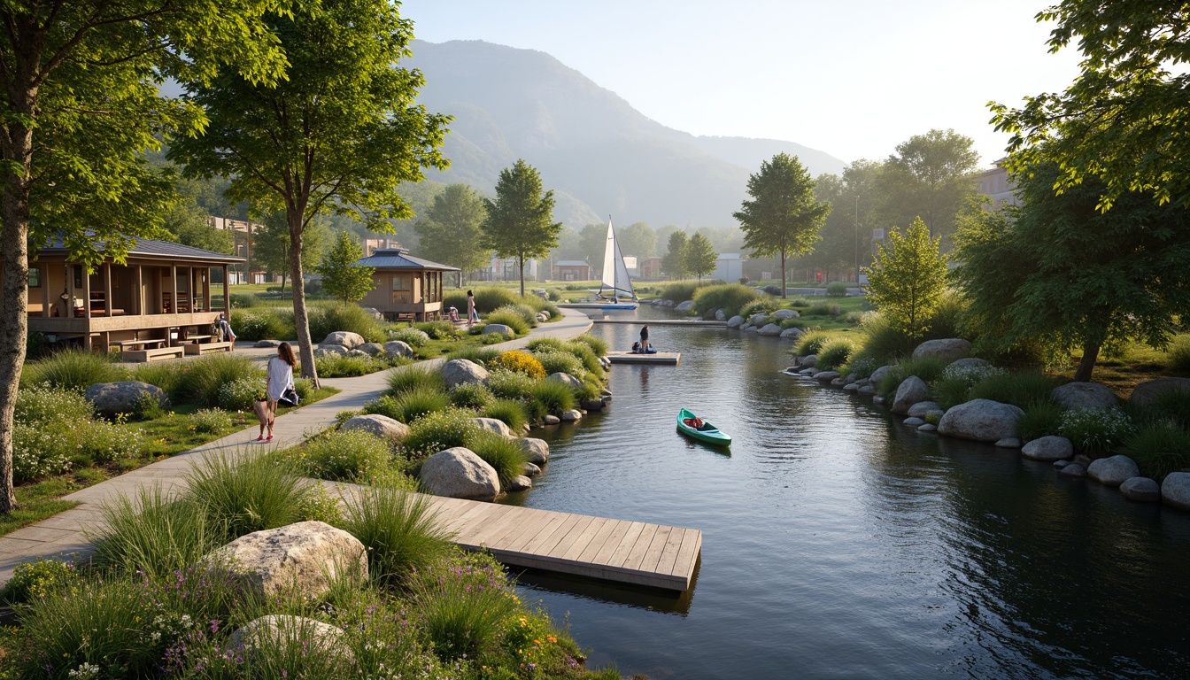 Prompt: Riverbank landscape, lush green vegetation, serene water flow, natural stone walls, wooden docks, sailboats, kayaks, paddleboards, scenic walking paths, benches, picnic areas, vibrant flowers, blooming trees, sunny day, soft warm lighting, shallow depth of field, 3/4 composition, panoramic view, realistic textures, ambient occlusion, gentle river breeze, misty atmosphere, rustic wooden bridges, meandering river streams, tranquil water reflections.