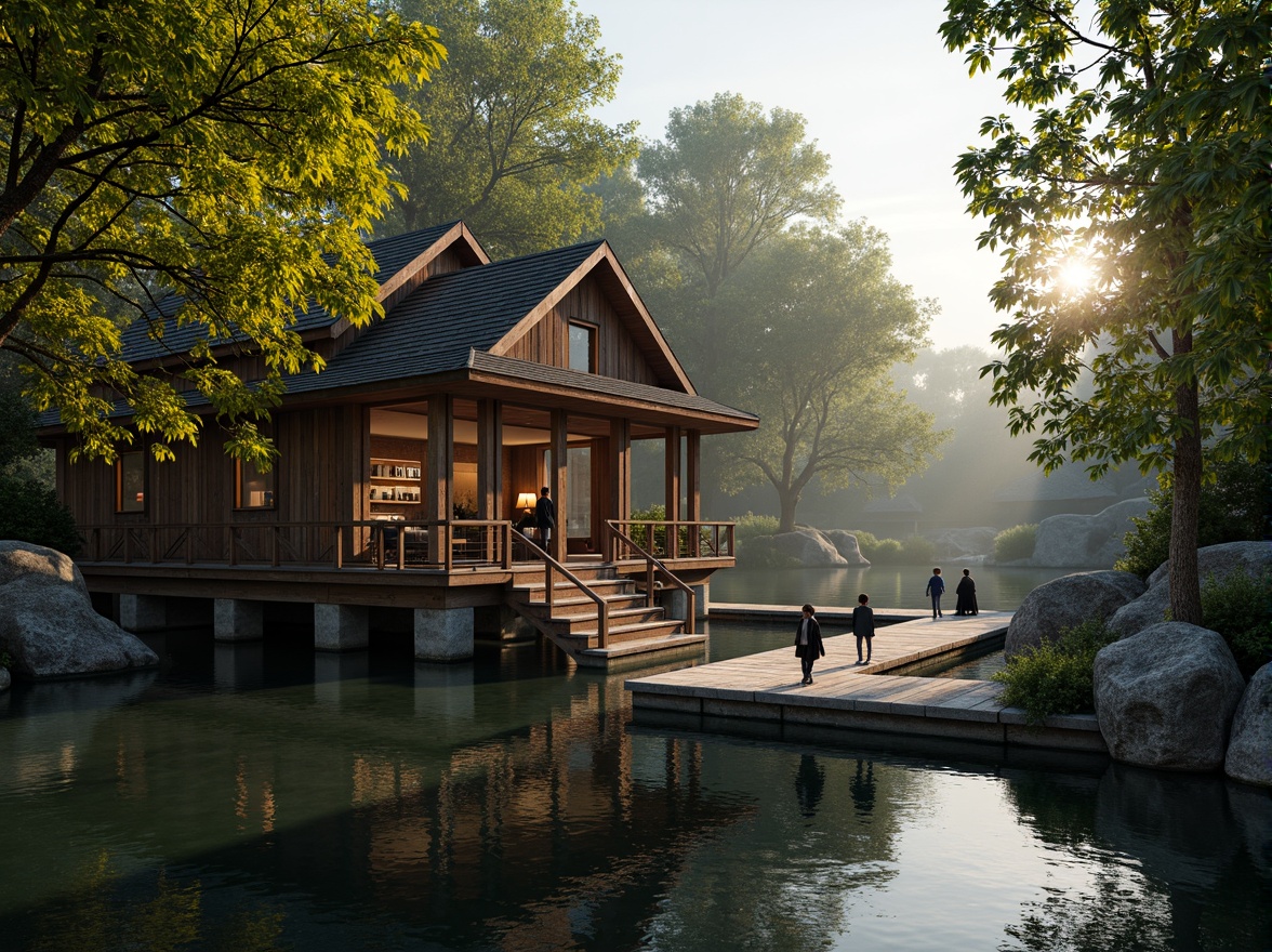 Prompt: Rustic boathouse, wooden dock, serene lake waters, lush greenery, overhanging trees, vintage nautical elements, distressed wood textures, earthy color palette, natural stone foundations, classic architectural details, ornate metalwork, lantern-style lighting, warm golden hour, soft misty atmosphere, shallow depth of field, 1/2 composition, symmetrical framing, realistic water reflections, ambient occlusion.