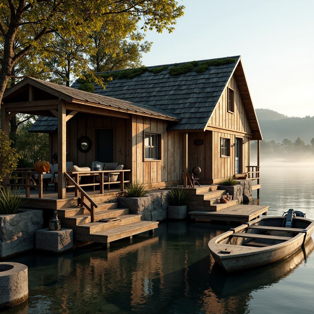 Prompt: Rustic wooden boathouse, weathered planks, distressed finishes, natural stone foundations, moss-covered roofs, overhanging eaves, wooden docks, nautical ropes, vintage anchors, aquatic plants, serene lake views, misty morning atmosphere, warm golden lighting, shallow depth of field, 1/2 composition, realistic wood textures, ambient occlusion.