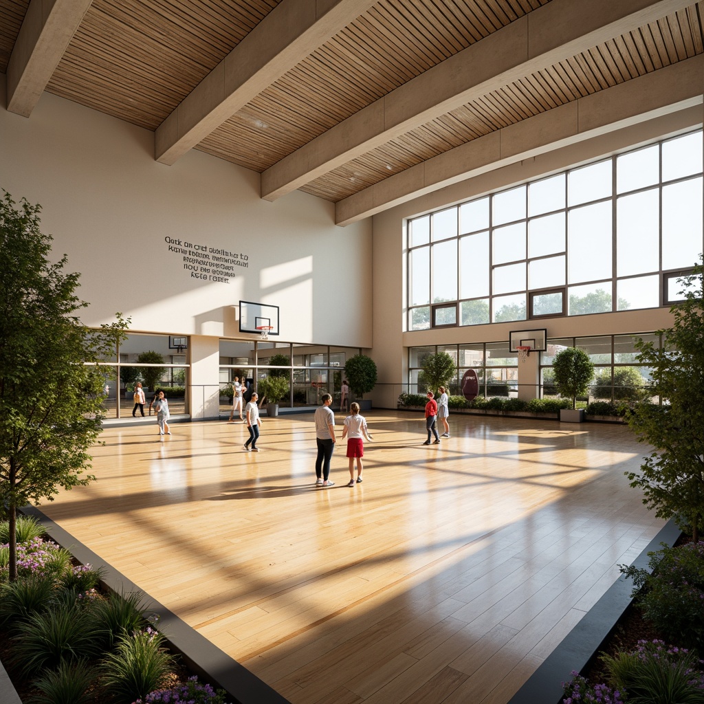 Prompt: Bright gymnasium interior, high ceilings, large windows, natural light pouring in, wooden flooring, athletic equipment, basketball hoops, volleyball nets, exercise machines, mirrored walls, motivational quotes, modern architecture, minimalist design, sleek lines, abundant greenery, lush plants, warm color tones, soft shadows, shallow depth of field, 1/1 composition, realistic textures, ambient occlusion.