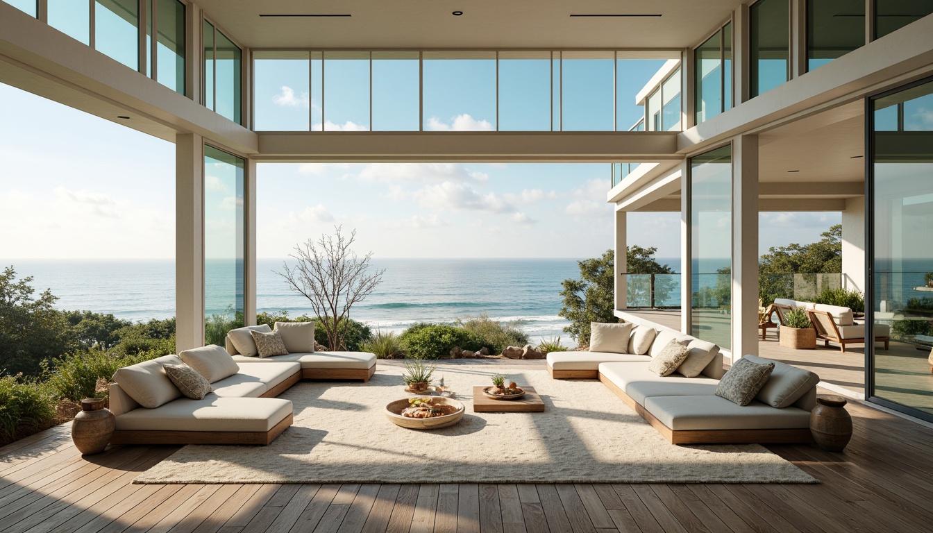 Prompt: Seaside villa, oceanfront views, sandy beaches, driftwood accents, nautical ropes, weathered wooden decks, coral-inspired patterns, turquoise glass railings, sea-salt air, misty mornings, warm sunlight, shallow depth of field, 1/1 composition, symmetrical architecture, modern coastal style, large windows, sliding glass doors, beachy textures, ambient occlusion.