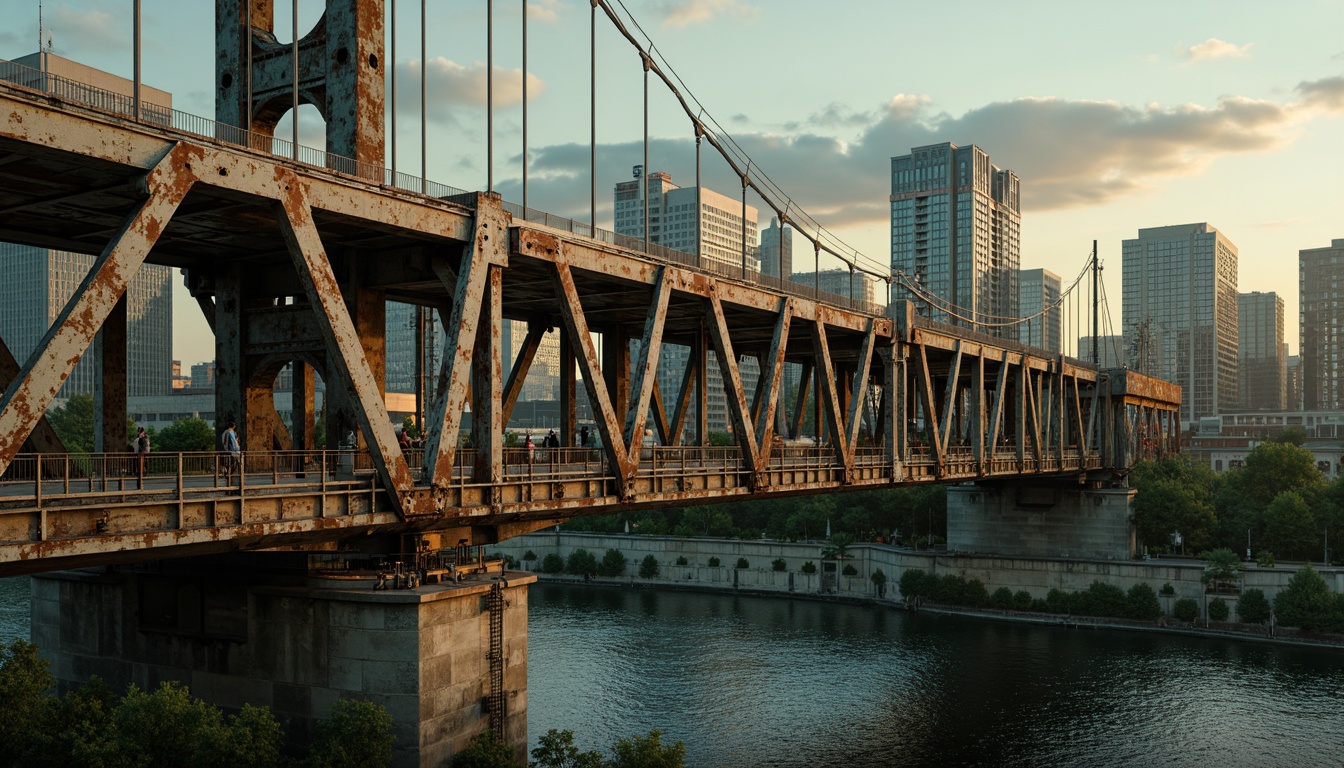 Prompt: Rustic steel bridges, industrial-era aesthetic, weathered metal textures, earthy tones, muted greens, blues and grays, warm golden lighting, misty atmospheric effects, dramatic shadows, 3/4 composition, cinematic view, realistic reflections, ambient occlusion, urban cityscape, riverbank setting, lush vegetation, natural stone piers, modern architectural elements, sleek cable systems.