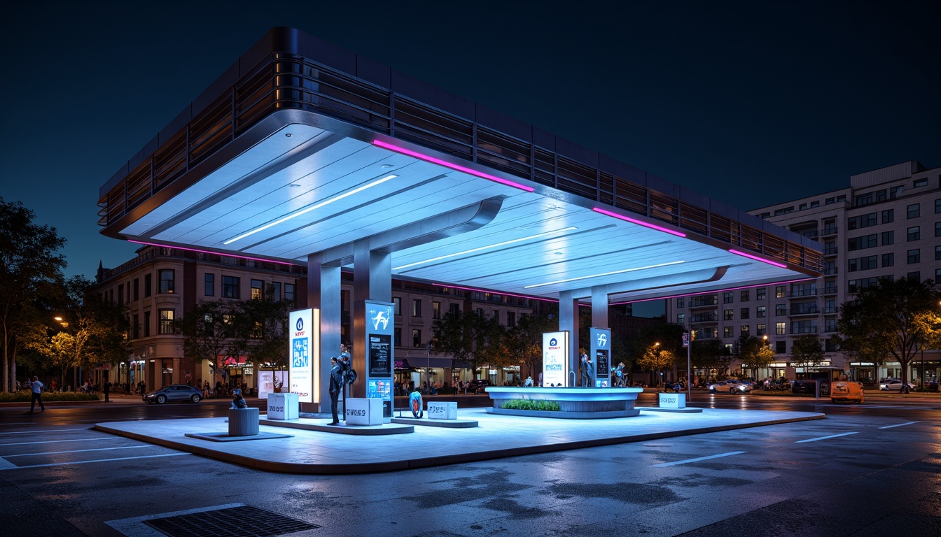 Prompt: Futuristic gas station, sleek metal canopy, neon LED lights, dynamic color-changing effects, modern minimalist architecture, angular lines, reflective glass surfaces, high-gloss finishes, stainless steel accents, futuristic fuel pumps, digital display screens, electronic payment systems, urban cityscape, night scene, dramatic shadows, high-contrast lighting, 1/1 composition, shallow depth of field, realistic textures, ambient occlusion.