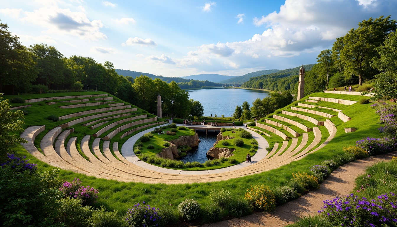 Prompt: Rolling hills, lush greenery, serene lake views, amphitheater structures, tiered seating, natural stone walls, wooden benches, scenic overlooks, walking trails, meandering streams, rustic bridges, vibrant wildflowers, sunny afternoon, soft warm lighting, shallow depth of field, 3/4 composition, panoramic view, realistic textures, ambient occlusion.