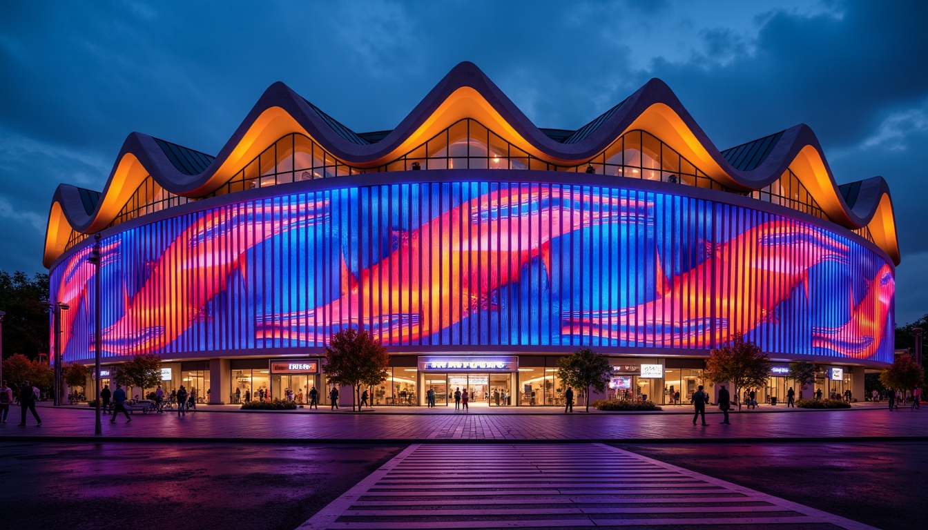 Prompt: Vibrant stadium facade, dynamic curves, bold angular lines, futuristic expressionist architecture, neon-lit LED lights, abstract geometric patterns, irregular shapes, clashing colors, distorted proportions, oversized arches, sweeping cantilevers, dramatic shadows, high-contrast lighting, 1/2 composition, low-angle shot, cinematic atmosphere, realistic materials, ambient occlusion.