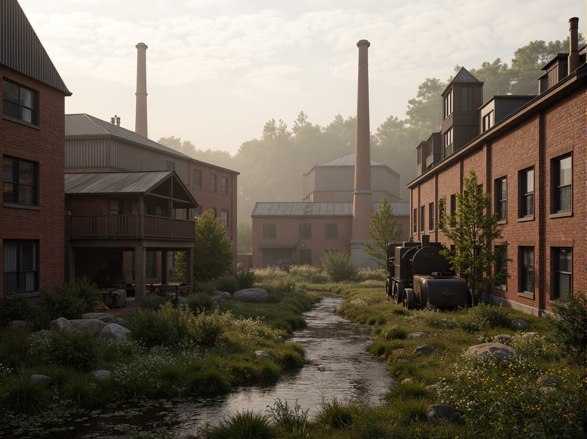 Prompt: Industrial factory complex, rustic brick buildings, corrugated metal roofs, worn concrete walls, vintage machinery, abandoned chimneys, overgrown vegetation, wildflowers, meandering streams, misty atmosphere, soft warm lighting, shallow depth of field, 3/4 composition, panoramic view, realistic textures, ambient occlusion, regionalist architectural style, functional simplicity, earthy color palette, distressed finishes, reclaimed wood accents, metal cladding, industrial heritage, nostalgic ambiance.