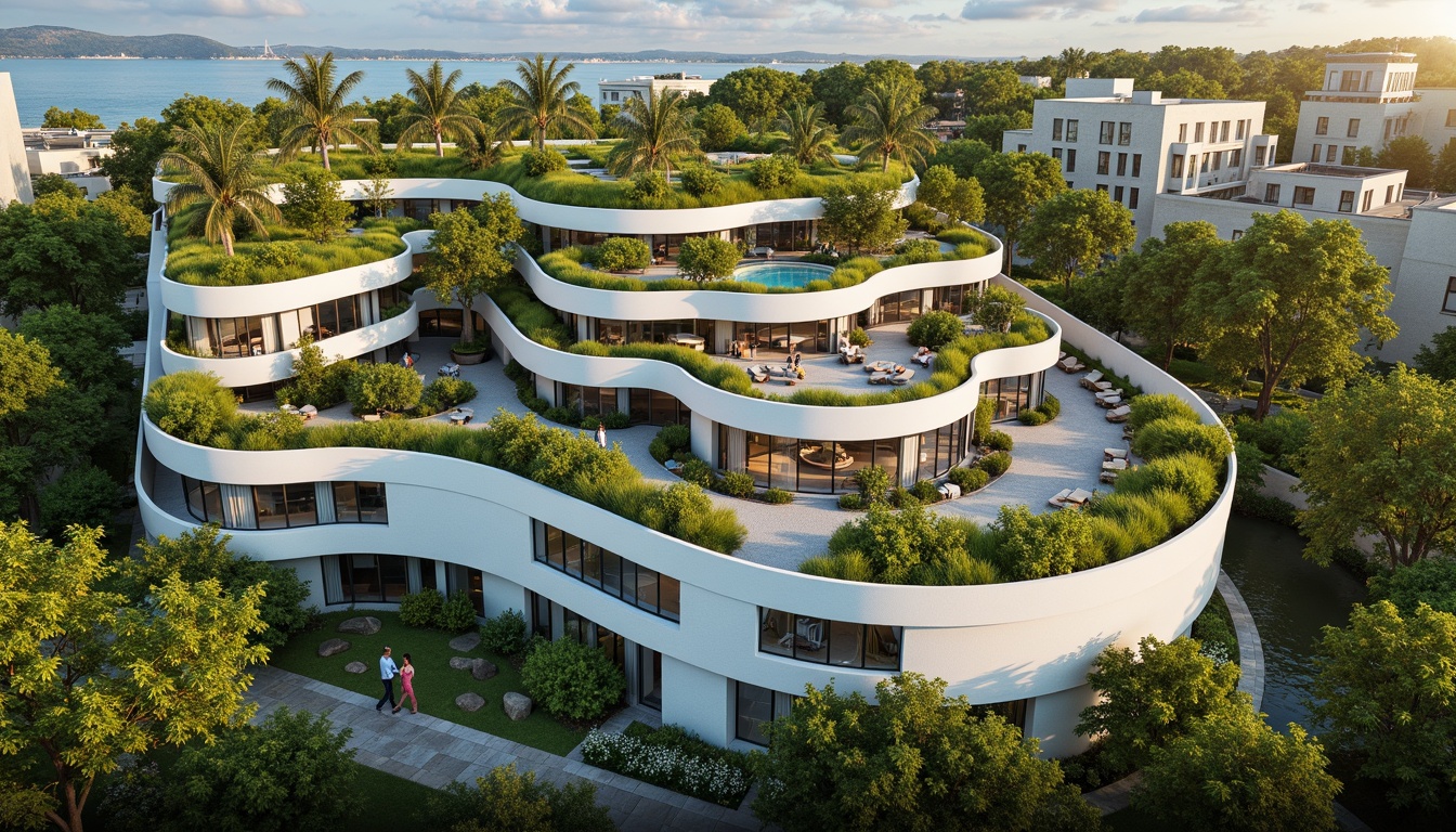 Prompt: Harmonious building integration, lush green roofs, verdant walls, natural stone facades, curved lines, organic shapes, seamless transitions, outdoor living spaces, infinity pools, water features, walking trails, native plant species, bird's eye view, 1/1 composition, soft warm lighting, shallow depth of field, realistic textures, ambient occlusion.