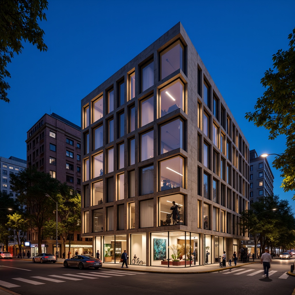 Prompt: Geometric hotel facade, asymmetrical composition, rectangular windows, industrial materials, raw concrete walls, steel beams, minimalist decor, functional simplicity, bold color accents, abstract artwork, urban cityscape, busy streets, modern streetlights, dramatic nighttime lighting, low-angle shot, 1/2 composition, high-contrast tone, cinematic atmosphere, brutalist architecture, clean lines, rectangular shapes, functional minimalism.