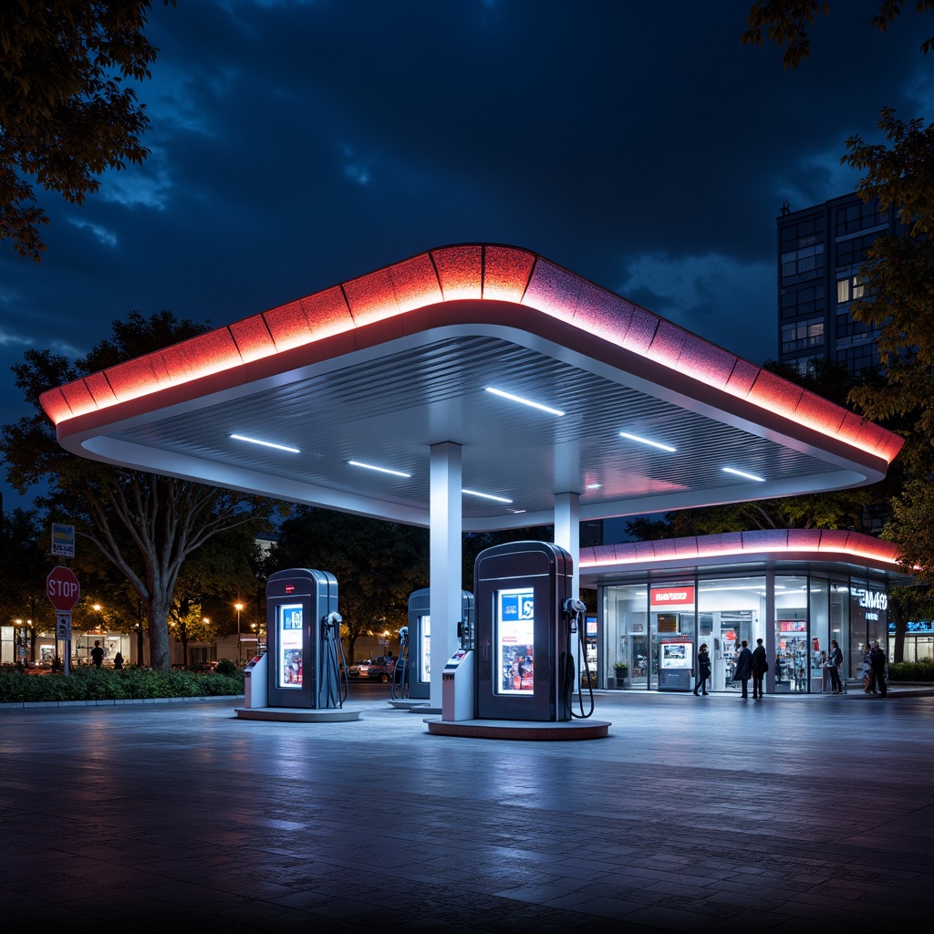 Prompt: Futuristic gas station, sleek metal canopy, neon LED lights, dynamic color-changing effects, modern minimalist architecture, angular lines, reflective glass surfaces, high-gloss finishes, stainless steel accents, futuristic fuel pumps, digital display screens, electronic payment systems, urban cityscape, night scene, dramatic shadows, high-contrast lighting, 1/1 composition, shallow depth of field, realistic textures, ambient occlusion.