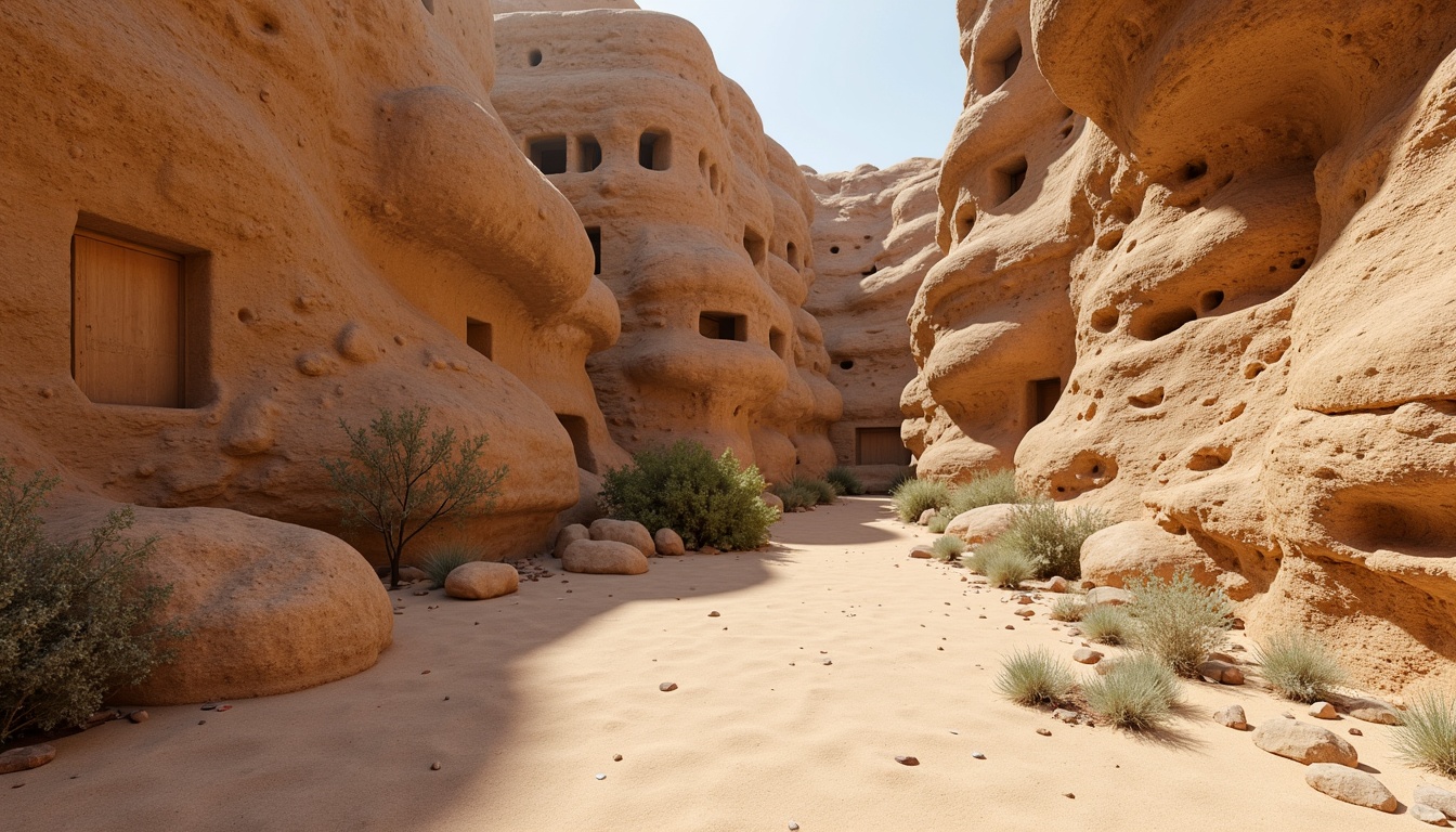 Prompt: Weathered sand-casted walls, rough stone textures, earthy tones, organic forms, natural erosion patterns, intricate rock formations, desert landscape, warm sunny day, soft diffused lighting, shallow depth of field, 3/4 composition, panoramic view, realistic textures, ambient occlusion.