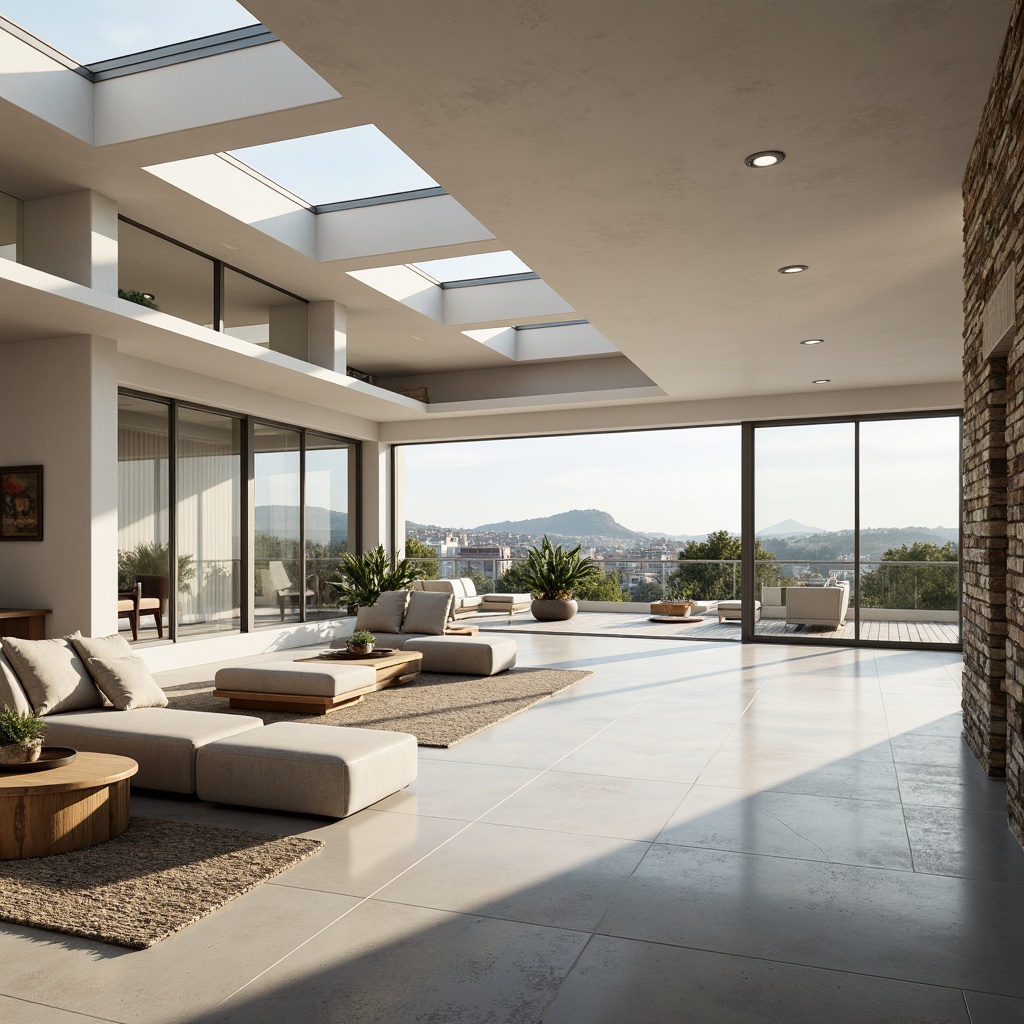 Prompt: Minimalist home, large windows, sliding glass doors, white walls, polished concrete floors, open floor plan, high ceilings, clerestory windows, skylights, natural stone accents, wooden beams, industrial chic decor, urban landscape views, cityscape backdrop, sunny day, soft warm lighting, shallow depth of field, 3/4 composition, panoramic view, realistic textures, ambient occlusion.