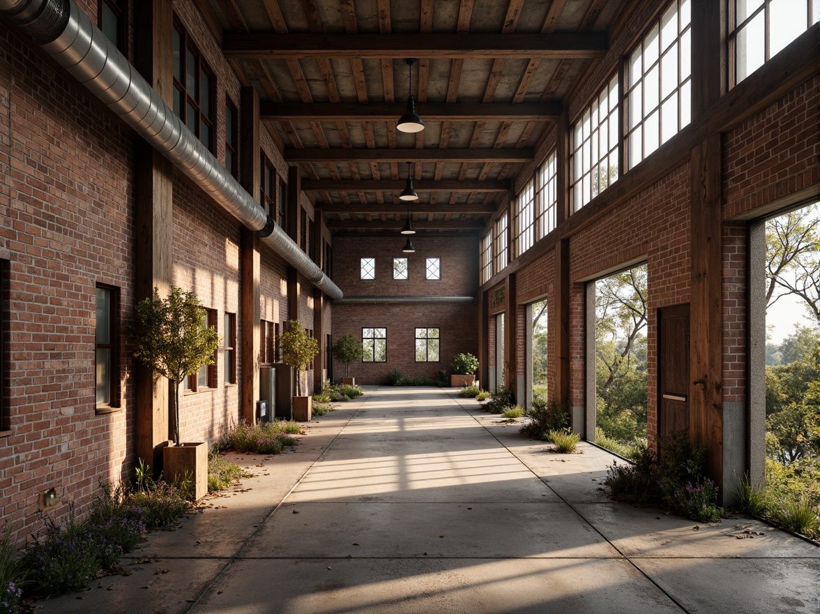 Prompt: Rustic industrial landscape, abandoned factories, worn brick walls, distressed metal roofs, reclaimed wood accents, earthy tones, natural textures, regional materials, local craftsmanship, exposed ductwork, concrete floors, steel beams, functional minimalism, industrial chic aesthetic, warm soft lighting, shallow depth of field, 1/1 composition, realistic renderings, ambient occlusion.