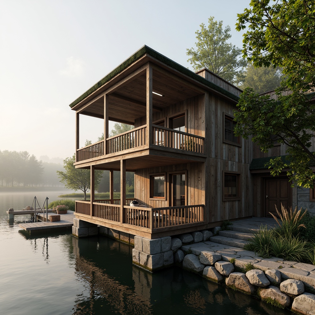 Prompt: Rustic wooden boathouse, weathered planks, distressed finishes, natural stone foundations, moss-covered roofs, overhanging eaves, wooden docks, nautical ropes, vintage anchors, aquatic plants, serene lake views, misty morning atmosphere, soft warm lighting, shallow depth of field, 1/1 composition, realistic textures, ambient occlusion.