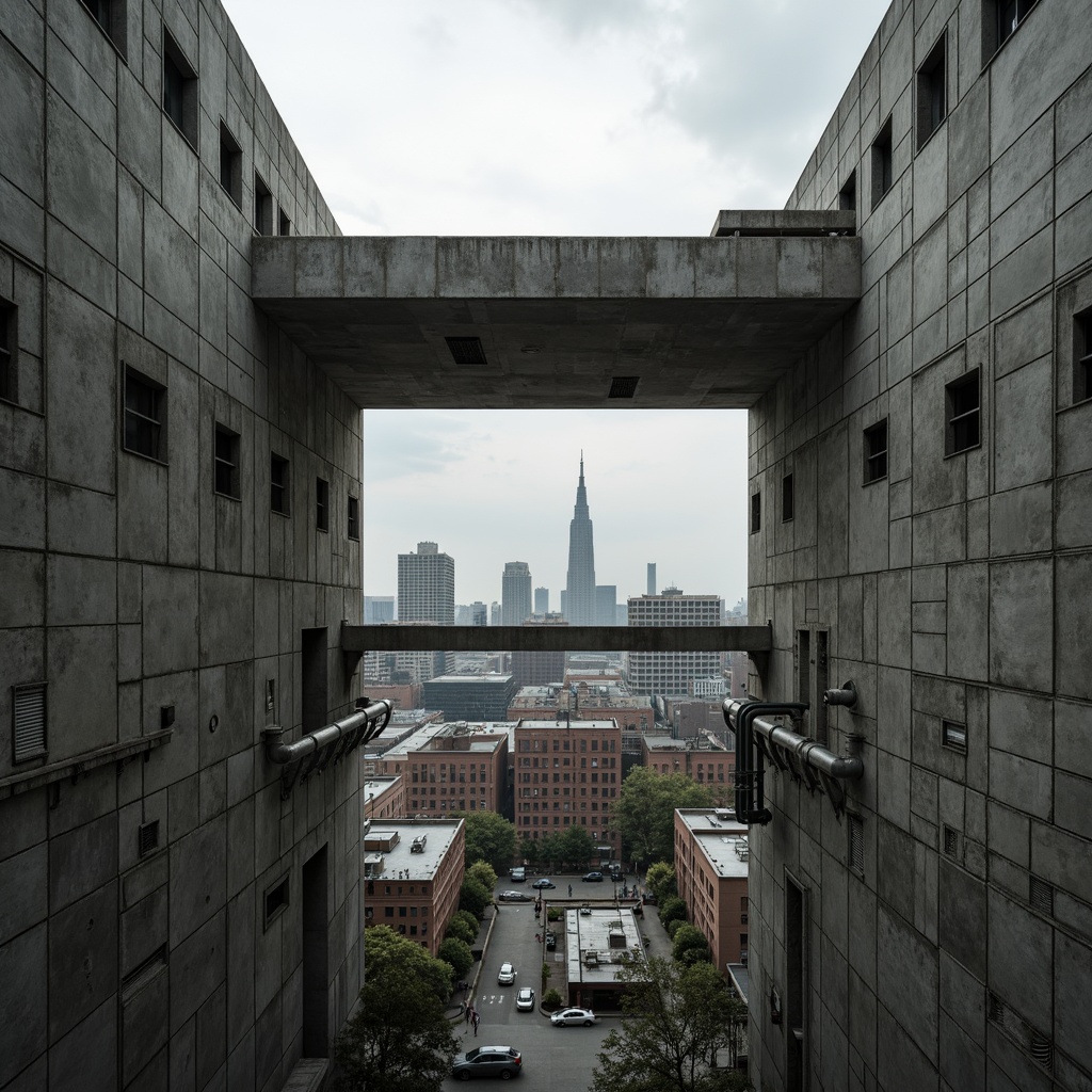 Prompt: Rugged concrete walls, exposed ductwork, industrial pipes, raw steel beams, brutalist architecture, fortress-like structures, monumental scale, geometric shapes, angular lines, minimal ornamentation, functional simplicity, urban landscapes, city skylines, overcast skies, dramatic shadows, high-contrast lighting, 1/1 composition, symmetrical framing, gritty textures, ambient occlusion.