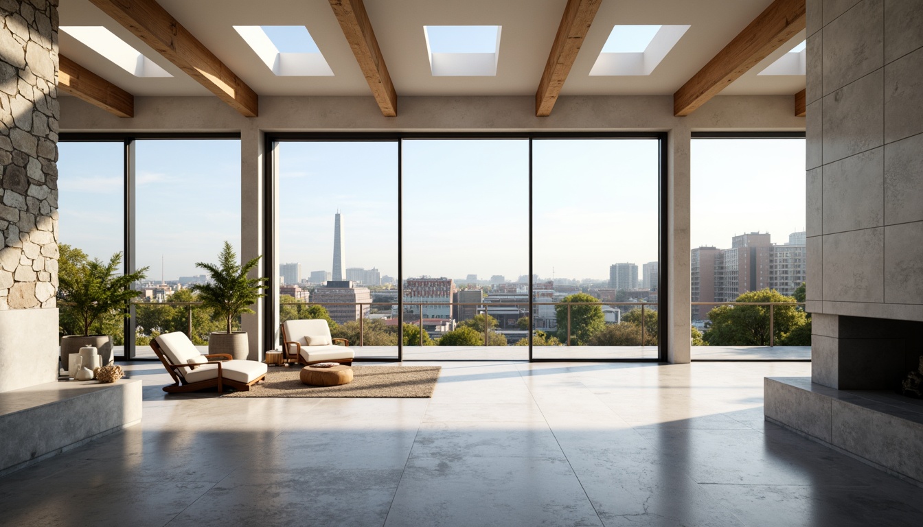 Prompt: Minimalist home, large windows, sliding glass doors, white walls, polished concrete floors, open floor plan, high ceilings, clerestory windows, skylights, natural stone accents, wooden beams, industrial chic decor, urban landscape views, cityscape backdrop, sunny day, soft warm lighting, shallow depth of field, 3/4 composition, panoramic view, realistic textures, ambient occlusion.