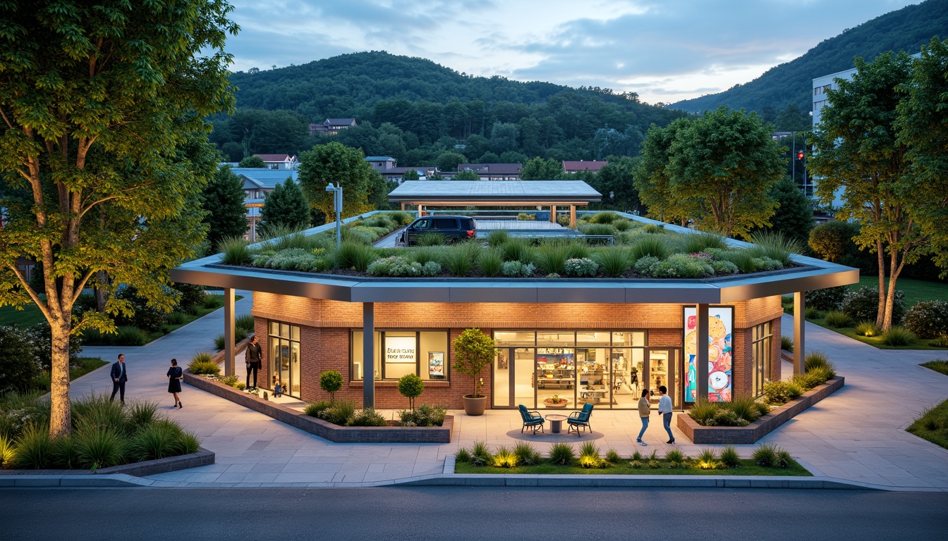 Prompt: Vibrant gas station, lush green roofs, native plant species, natural stone walls, modern architecture, sleek metal canopies, LED lighting, eco-friendly fueling systems, solar panels, rainwater harvesting systems, permeable pavement, stormwater management, outdoor seating areas, shaded walkways, pedestrian-friendly access, wheelchair-accessible ramps, clear signage, wayfinding graphics, warm color scheme, soft evening lighting, shallow depth of field, 3/4 composition, panoramic view, realistic textures, ambient occlusion.