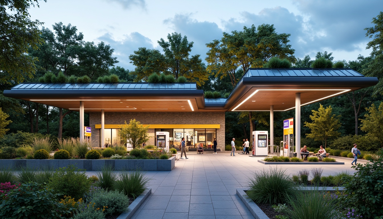 Prompt: Vibrant gas station, lush green roofs, native plant species, natural stone walls, modern architecture, sleek metal canopies, LED lighting, eco-friendly fueling systems, solar panels, rainwater harvesting systems, permeable pavement, stormwater management, outdoor seating areas, shaded walkways, pedestrian-friendly access, wheelchair-accessible ramps, clear signage, wayfinding graphics, warm color scheme, soft evening lighting, shallow depth of field, 3/4 composition, panoramic view, realistic textures, ambient occlusion.