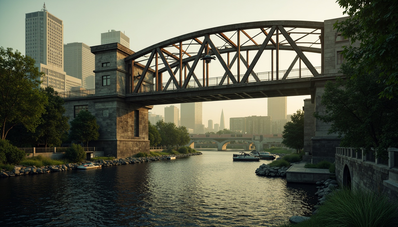 Prompt: Rustic steel bridges, industrial-era aesthetic, weathered metal textures, earthy tones, muted greens, blues and grays, warm golden lighting, misty atmospheric effects, dramatic shadows, 3/4 composition, cinematic view, realistic reflections, ambient occlusion, urban cityscape, riverbank setting, lush vegetation, natural stone piers, modern architectural elements, sleek cable systems.