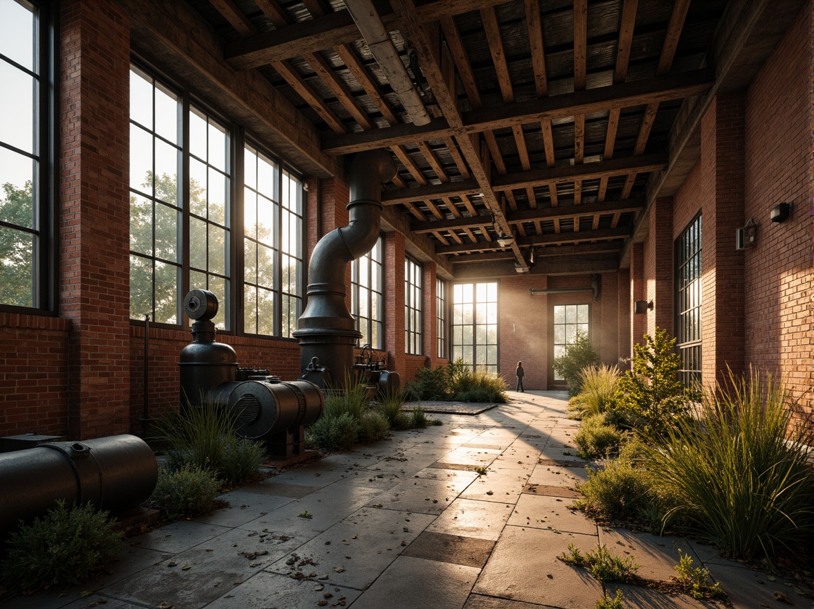 Prompt: Rustic industrial landscape, abandoned factories, distressed brick walls, corrugated metal roofs, worn wooden beams, vintage machinery, urban decay, overgrown vegetation, gritty urban atmosphere, warm golden lighting, shallow depth of field, 1/2 composition, cinematic view, realistic textures, ambient occlusion, nostalgic mood, retro-futuristic elements, exposed ductwork, concrete floors, steel columns, reclaimed wood accents, industrial chic aesthetic.