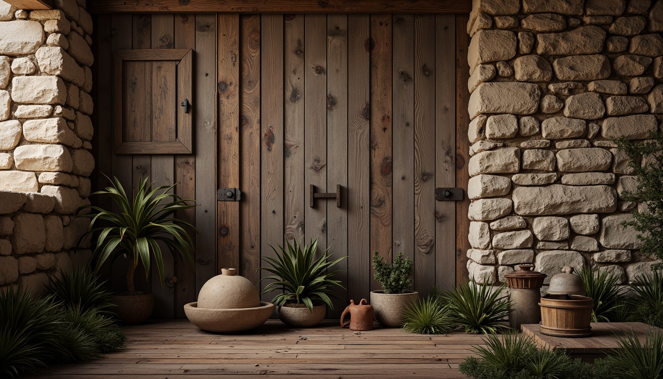 Prompt: Rustic wooden planks, distressed metal panels, rough-hewn stone walls, earthy tone color palette, natural material textures, organic shapes, irregular forms, abstract patterns, moody atmospheric lighting, warm golden hour, shallow depth of field, 1/2 composition, realistic renderings, ambient occlusion.