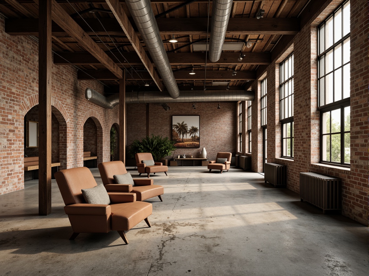 Prompt: Rustic industrial landscape, abandoned factories, worn brick walls, distressed metal roofs, reclaimed wood accents, earthy tones, natural textures, regional materials, local craftsmanship, exposed ductwork, concrete floors, steel beams, functional minimalism, industrial chic aesthetic, warm soft lighting, shallow depth of field, 1/1 composition, realistic renderings, ambient occlusion.