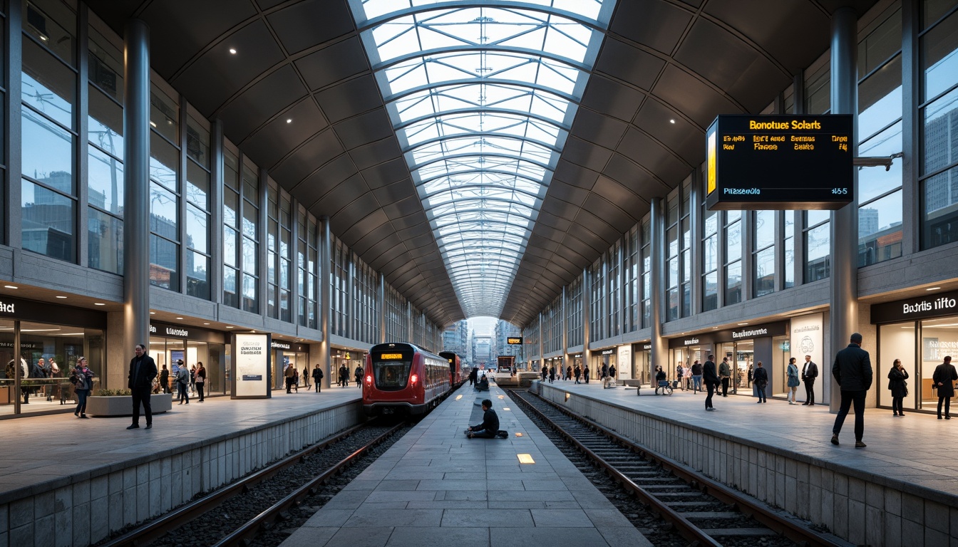 Prompt: Streamlined train station fa\u00e7ade, curved lines, metallic materials, silver accents, large glass windows, minimalist design, modernist architecture, urban cityscape, busy streets, morning commute, soft natural light, shallow depth of field, 1/1 composition, symmetrical view, realistic reflections, ambient occlusion, sleek signage, futuristic fonts, dynamic LED displays, industrial textures, concrete floors, stainless steel handrails.