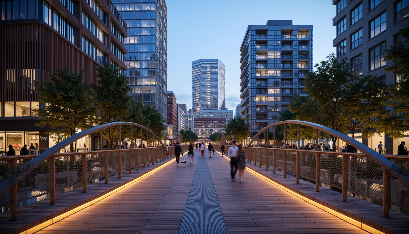 Prompt: Curved pedestrian bridge, sleek metal railings, wooden decking, modern urban landscape, city skyline, vibrant streetlights, bustling streets, dynamic structural elements, cantilevered sections, suspension cables, geometric shapes, minimalist design, functional lighting, safety features, accessible ramps, staircases, observation decks, panoramic views, realistic textures, ambient occlusion, shallow depth of field, 3/4 composition.