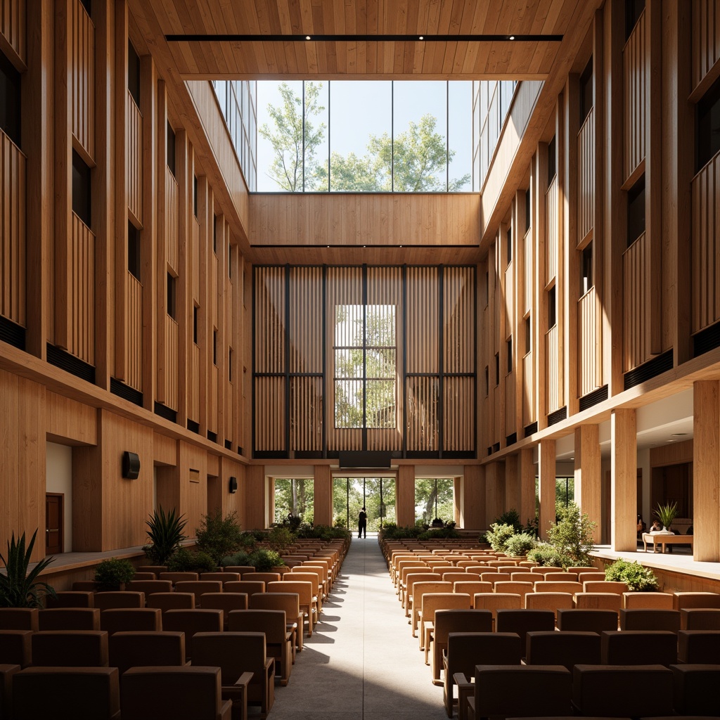 Prompt: Grand auditorium, high ceilings, expansive windows, natural light pouring in, warm wooden tones, comfortable seating, state-of-the-art sound systems, minimal ornamentation, sleek modern architecture, subtle color palette, soft diffused lighting, 1/1 composition, realistic textures, ambient occlusion.