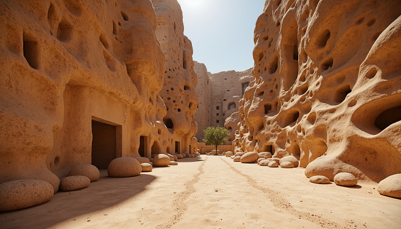 Prompt: Weathered sand-casted walls, rough stone textures, earthy tones, organic forms, natural erosion patterns, intricate rock formations, desert landscape, warm sunny day, soft diffused lighting, shallow depth of field, 3/4 composition, panoramic view, realistic textures, ambient occlusion.