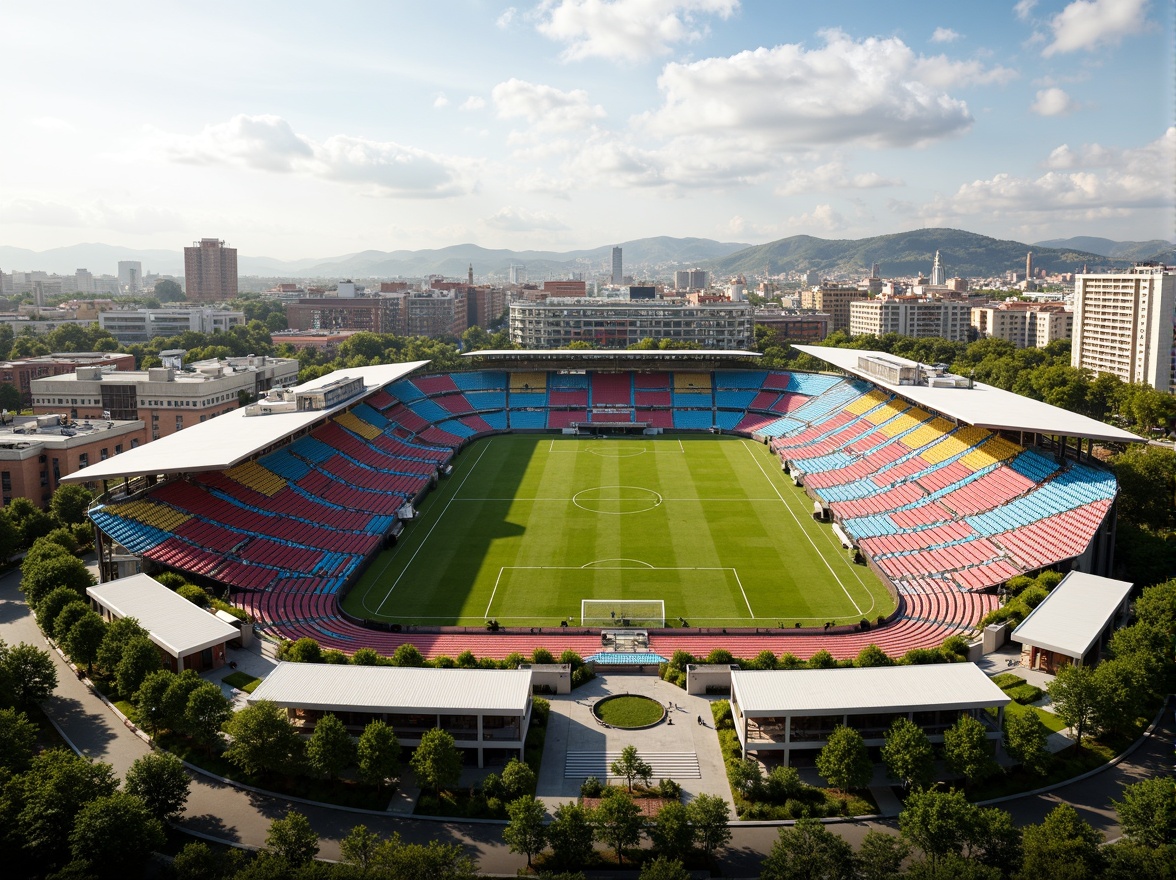 Prompt: Vibrant soccer stadium, social housing complex, bold team colors, dynamic architecture, angular lines, modern fa\u00e7ade, green roofs, eco-friendly materials, innovative ventilation systems, shaded outdoor spaces, misting systems, urban landscape, city skyline, sunny day, soft warm lighting, shallow depth of field, 3/4 composition, panoramic view, realistic textures, ambient occlusion.