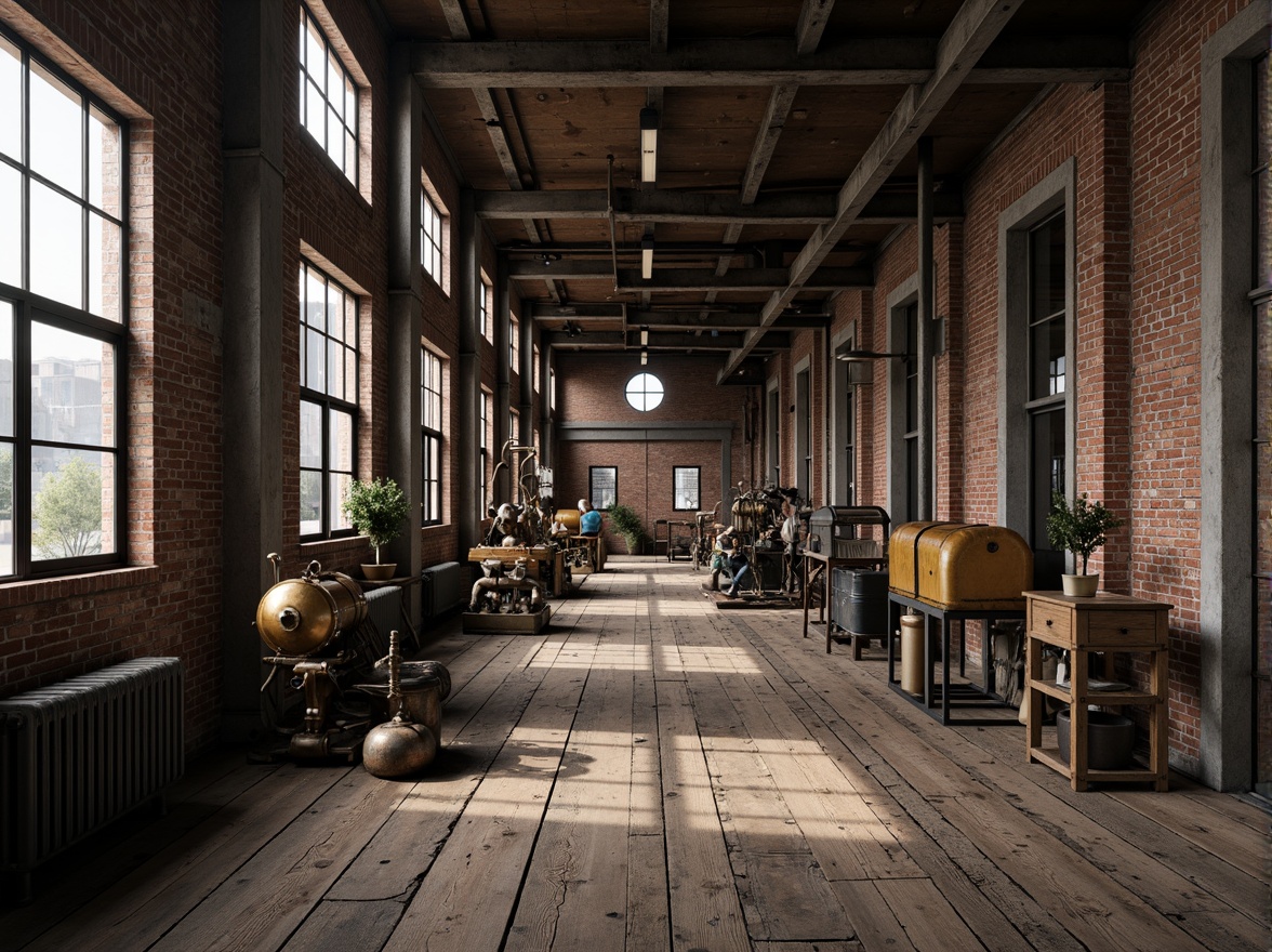 Prompt: Industrial factory setting, exposed brick walls, metal beams, worn wooden floors, vintage machinery, distressed textures, earthy tones, muted colors, rusty reds, weathered blues, faded yellows, industrial greys, urban atmosphere, gritty realism, high contrast lighting, dramatic shadows, cinematic composition, 1/2 camera angle, realistic renderings, ambient occlusion.