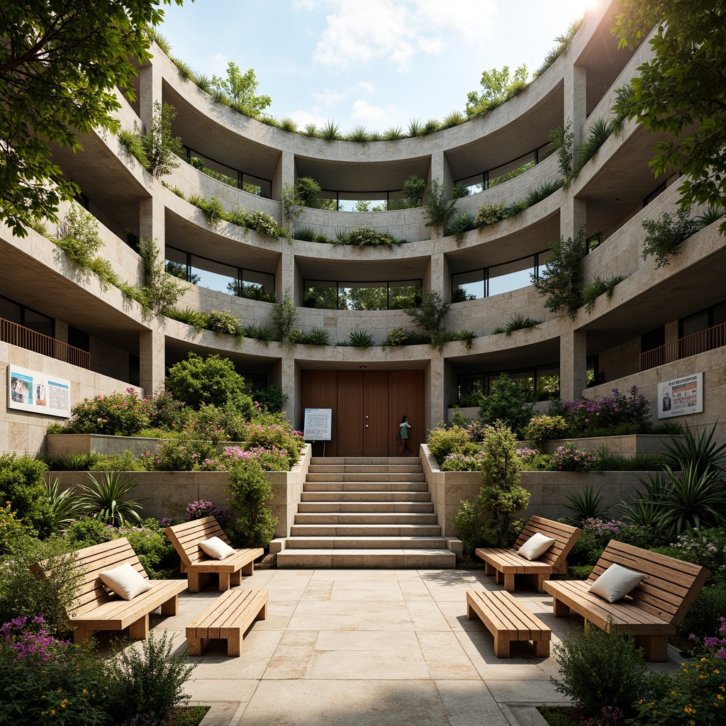 Prompt: Grand amphitheater, tiered seating, natural stone walls, lush greenery, vibrant flowers, wooden benches, educational signs, curved architecture, grand staircase, ornate railings, warm lighting, shallow depth of field, 3/4 composition, panoramic view, realistic textures, ambient occlusion.