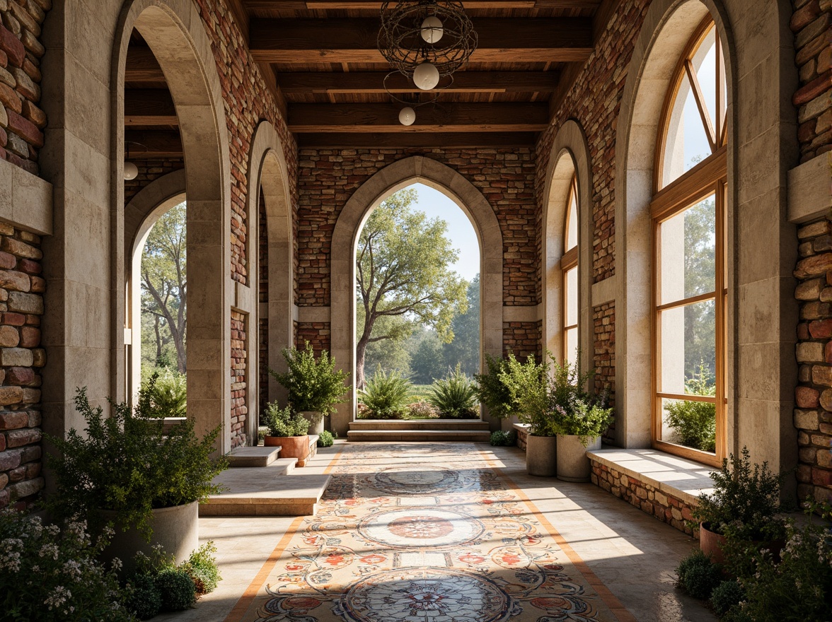 Prompt: Rustic stone walls, arched windows, ornate carvings, grand entrance halls, high ceilings, wooden beams, stained glass windows, vibrant colorful mosaics, intricate stone patterns, lush greenery, blooming flowers, sunny day, soft warm lighting, shallow depth of field, 3/4 composition, panoramic view, realistic textures, ambient occlusion.