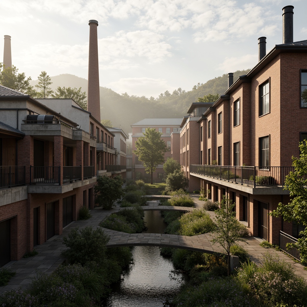 Prompt: Industrial factory complex, rustic brick buildings, corrugated metal roofs, worn concrete walls, vintage machinery, abandoned chimneys, overgrown vegetation, wildflowers, meandering streams, misty atmosphere, soft warm lighting, shallow depth of field, 3/4 composition, panoramic view, realistic textures, ambient occlusion, regionalism-inspired architecture, modern industrial design, functional spaces, exposed ductwork, metal catwalks, reclaimed wood accents, earthy color palette, natural stone pathways, weathered steel bridges.