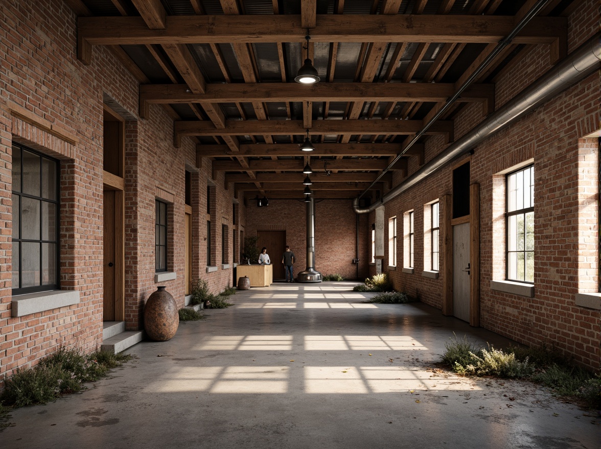 Prompt: Rustic industrial landscape, abandoned factories, worn brick walls, distressed metal roofs, reclaimed wood accents, earthy tones, natural textures, regional materials, local craftsmanship, exposed ductwork, concrete floors, steel beams, functional minimalism, industrial chic aesthetic, warm soft lighting, shallow depth of field, 1/1 composition, realistic renderings, ambient occlusion.