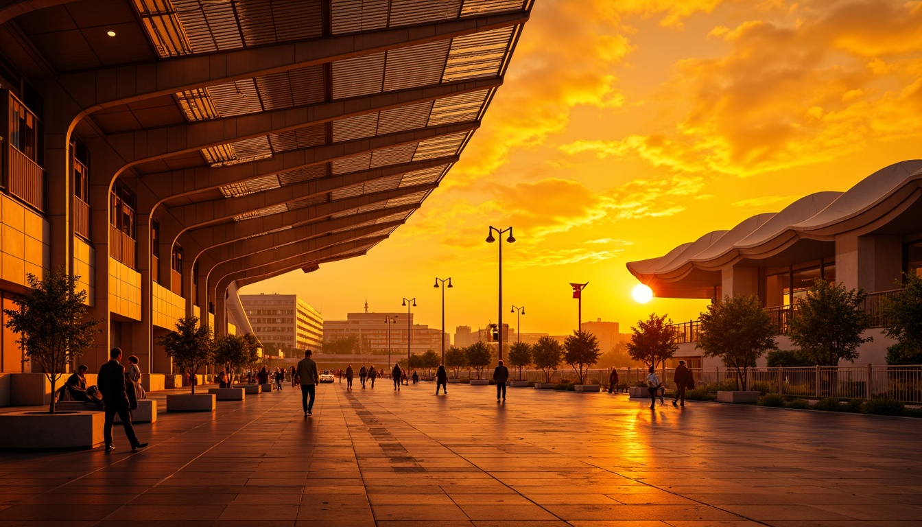 Prompt: Vibrant amber hues, warm golden lighting, dynamic expressionist architecture, curved lines, abstract shapes, bold geometric forms, futuristic stadium design, sleek metallic structures, translucent canopies, undulating roofs, angular columns, dramatic shadows, intense contrast, high-contrast lighting, cinematic atmosphere, 1/2 composition, low-angle shot, realistic textures, ambient occlusion.