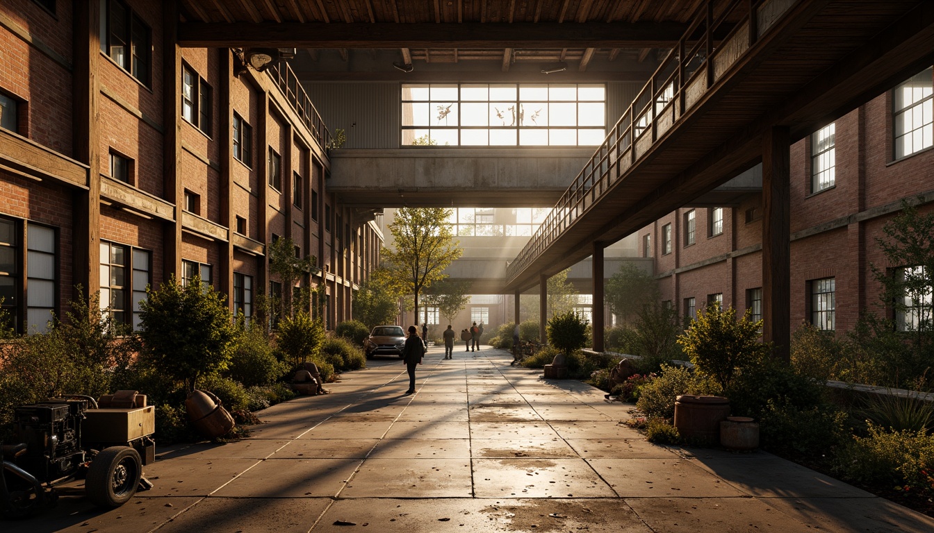 Prompt: Rustic industrial landscape, abandoned factories, distressed brick walls, corrugated metal roofs, worn wooden beams, vintage machinery, urban decay, overgrown vegetation, gritty urban atmosphere, warm golden lighting, shallow depth of field, 1/2 composition, cinematic view, realistic textures, ambient occlusion, nostalgic mood, retro-futuristic elements, exposed ductwork, concrete floors, steel columns, reclaimed wood accents, industrial chic aesthetic.