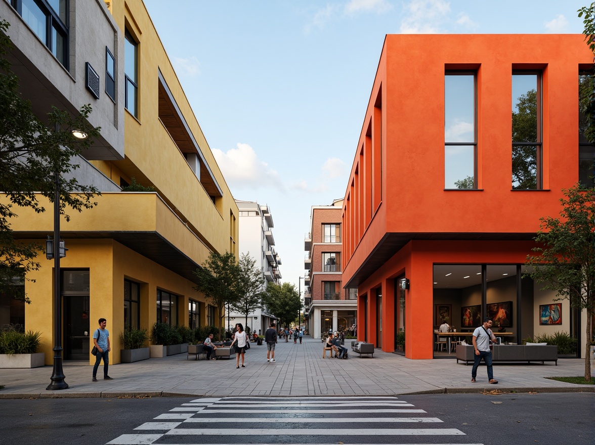 Prompt: Geometric student halls, bold primary colors, rectangular windows, flat roofs, functionalist architecture, industrial materials, exposed brick walls, steel beams, minimalist decor, communal living spaces, modern furniture, abstract artwork, natural light, 1/1 composition, high contrast lighting, dramatic shadows, urban surroundings, cityscape views, busy streets, contemporary urban life.