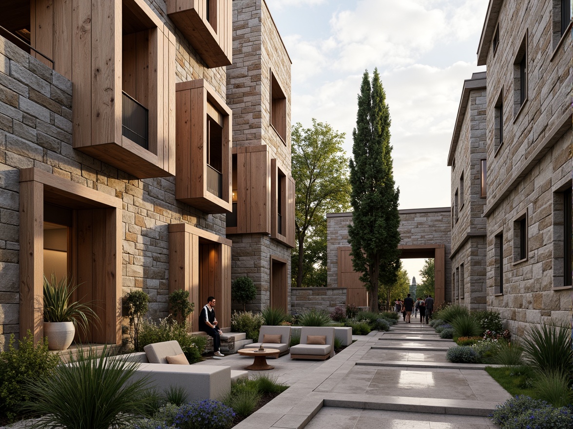 Prompt: Rough stone walls, rustic brick facades, wooden accents, natural wood grain, earthy tones, organic forms, irregular shapes, tactile experiences, 3D modeling, realistic renderings, ambient occlusion, soft warm lighting, shallow depth of field, 2/3 composition, modern architecture, sustainable design, eco-friendly materials, green roofs, living walls, urban landscapes, city skylines, industrial heritage, converted warehouses.