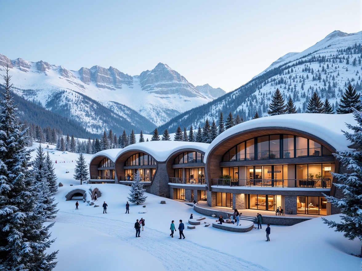 Prompt: Snow-capped mountains, frosty pine trees, icy slopes, ski lifts, curvaceous roofs, undulating walls, sinuous lines, dynamic shapes, modern ski center architecture, wooden accents, stone foundations, large windows, sliding glass doors, warm cozy interiors, rustic decor, crackling fireplaces, soft warm lighting, shallow depth of field, 1/1 composition, panoramic view, realistic textures, ambient occlusion.