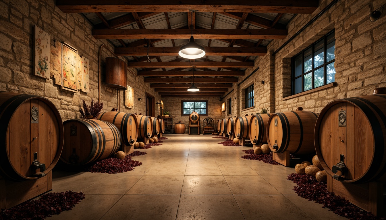 Prompt: Rustic winery, wooden barrels, stone walls, earthy tones, natural lighting, reclaimed wood accents, metal roofing, industrial chic decor, vintage wine-making equipment, exposed brick ceilings, wooden fermentation tanks, oak aging rooms, dim warm ambiance, soft golden lighting, shallow depth of field, 1/1 composition, realistic textures, ambient occlusion.