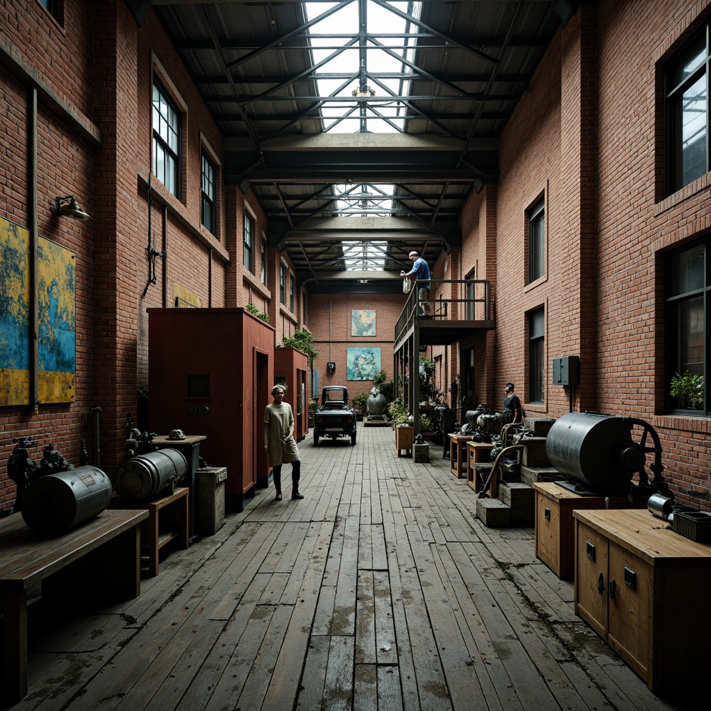 Prompt: Industrial factory setting, exposed brick walls, metal beams, worn wooden floors, vintage machinery, distressed textures, earthy tones, muted colors, rusty reds, weathered blues, faded yellows, industrial greys, urban atmosphere, gritty realism, high contrast lighting, dramatic shadows, cinematic composition, 1/2 camera angle, realistic renderings, ambient occlusion.