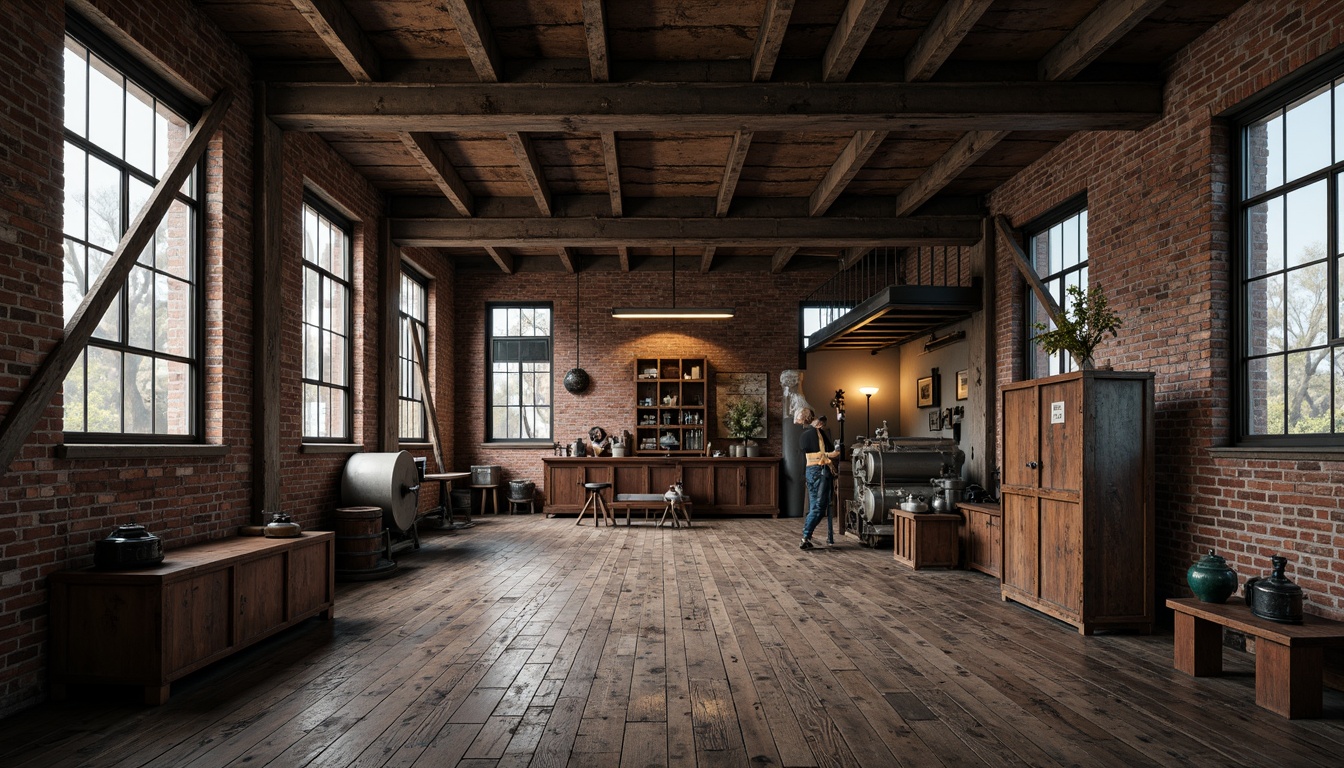 Prompt: Industrial factory setting, exposed brick walls, metal beams, worn wooden floors, vintage machinery, distressed textures, earthy tones, muted colors, rusty reds, weathered blues, faded yellows, industrial greys, urban atmosphere, gritty realism, high contrast lighting, dramatic shadows, cinematic composition, 1/2 camera angle, realistic renderings, ambient occlusion.