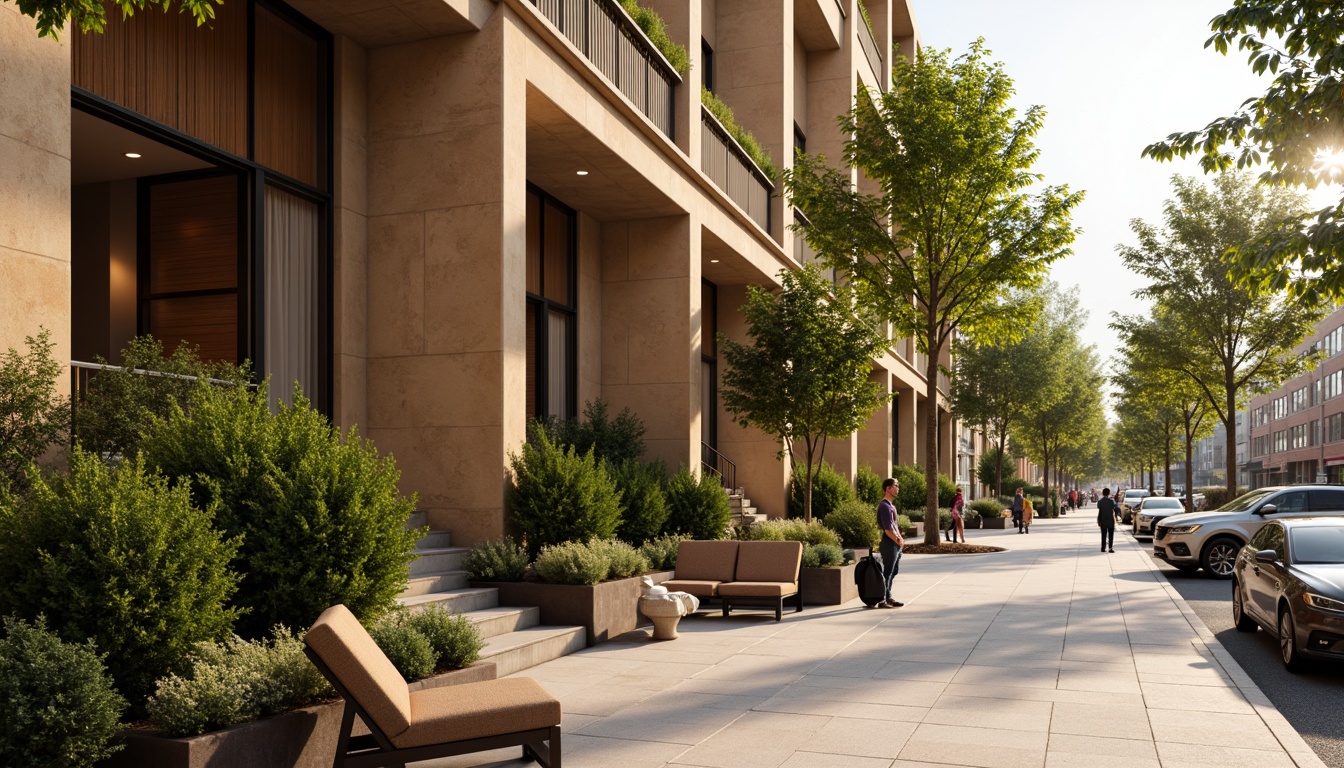 Prompt: Warm beige exterior walls, large glass windows, wooden accents, modern minimalist design, inviting entrance, outdoor seating area, lush greenery, potted plants, natural stone flooring, rustic metal decorations, soft warm lighting, shallow depth of field, 1/1 composition, realistic textures, ambient occlusion, urban cityscape, busy street scene, morning sunlight, gentle breeze.