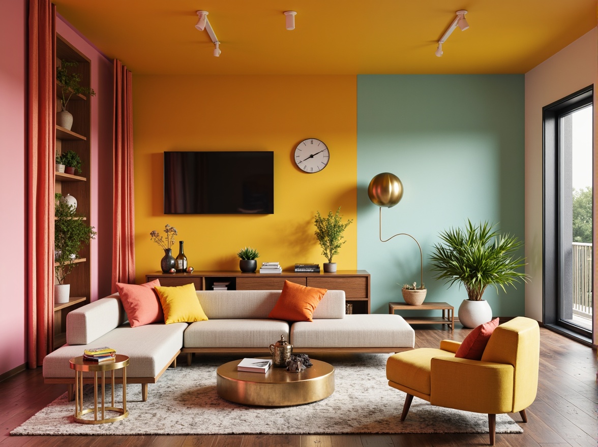 Prompt: Vibrant modern interior, bold accent walls, pastel furniture, metallic decor, natural wood accents, earthy tone flooring, soft warm lighting, 3/4 composition, shallow depth of field, realistic textures, ambient occlusion.