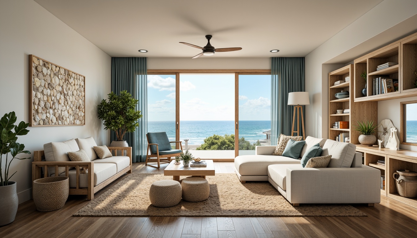 Prompt: Coastal living room, ocean-inspired color palette, driftwood accents, natural textiles, woven sea grass furniture, coral-patterned rugs, shell-adorned decorative walls, floor-to-ceiling windows, sliding glass doors, panoramic ocean views, soft warm lighting, beachy ambiance, minimalist decor, nautical-themed accessories, distressed wood flooring, plush sectional sofas, built-in shelving units, tropical plants, calming atmosphere, 1/1 composition, realistic reflections, ambient occlusion.